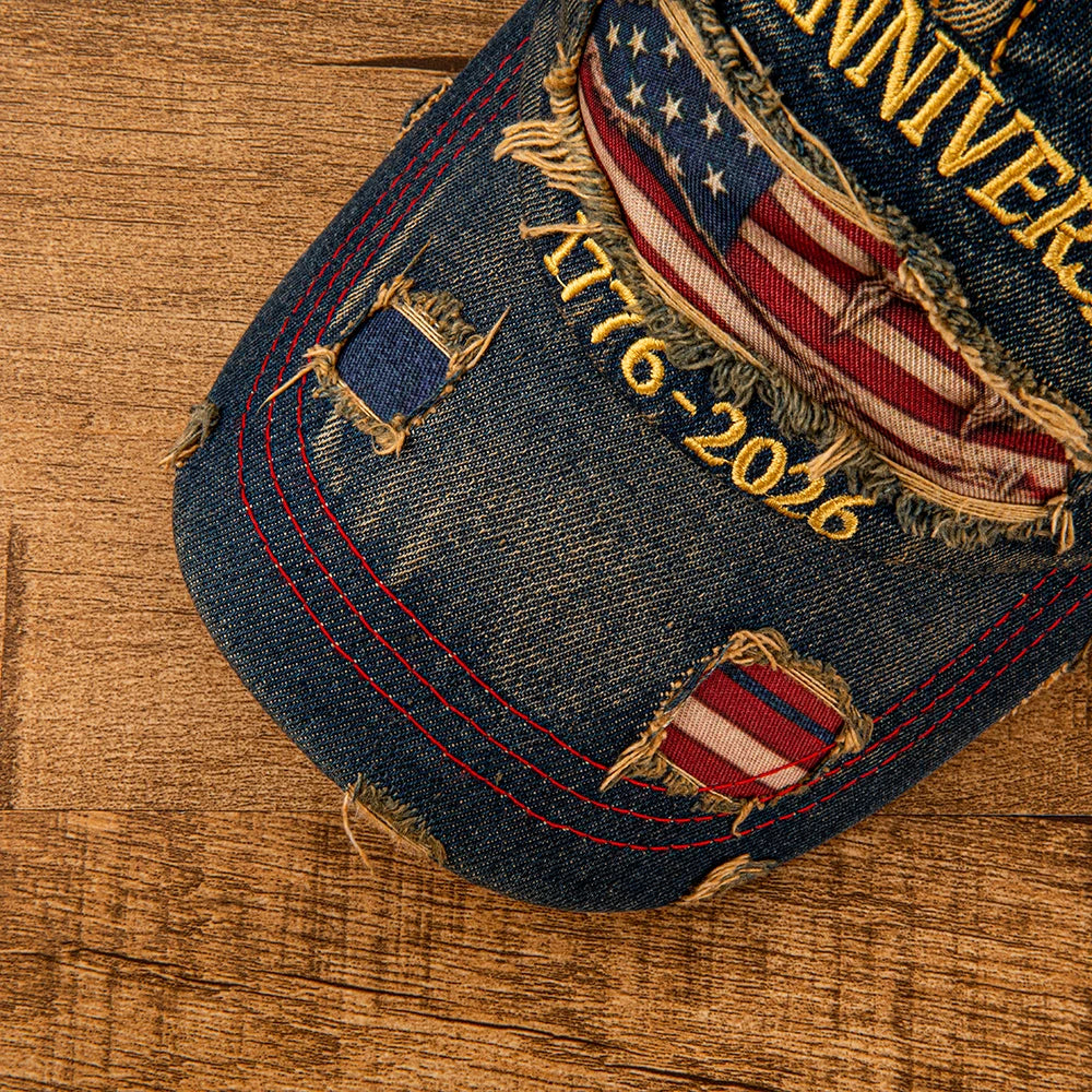 Vintage USA Flag 250th Anniversary 1776-2026 Distressed Denim Baseball Cap Adjustable Patriotic Dad Hat for Men Women