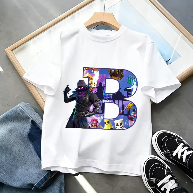 Tricou Fortnite cu imprimeu alfabet A-Z, de vară, pentru copii, alb, îmbrăcăminte cu joc cartoon popular, tricou fashion casual cu mânecă scurtă, cadou
