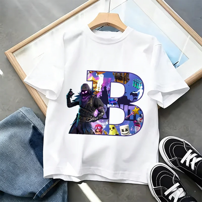 Tricou Fortnite cu imprimeu alfabet A-Z, de vară, pentru copii, alb, îmbrăcăminte cu joc cartoon popular, tricou fashion casual cu mânecă scurtă, cadou