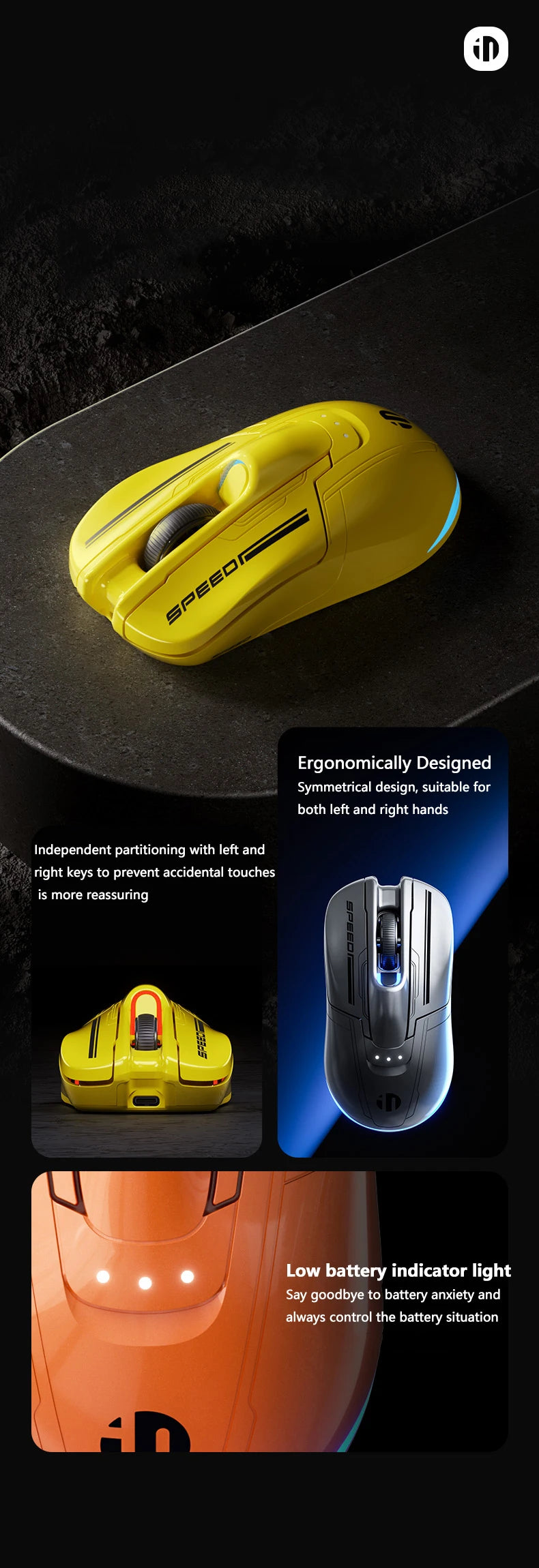 Bezdrátová Bluetooth herní myš INPHIC Super Racing Car Series s baterií 500mA, zobrazením stavu baterie a přizpůsobitelnými světelnými efekty