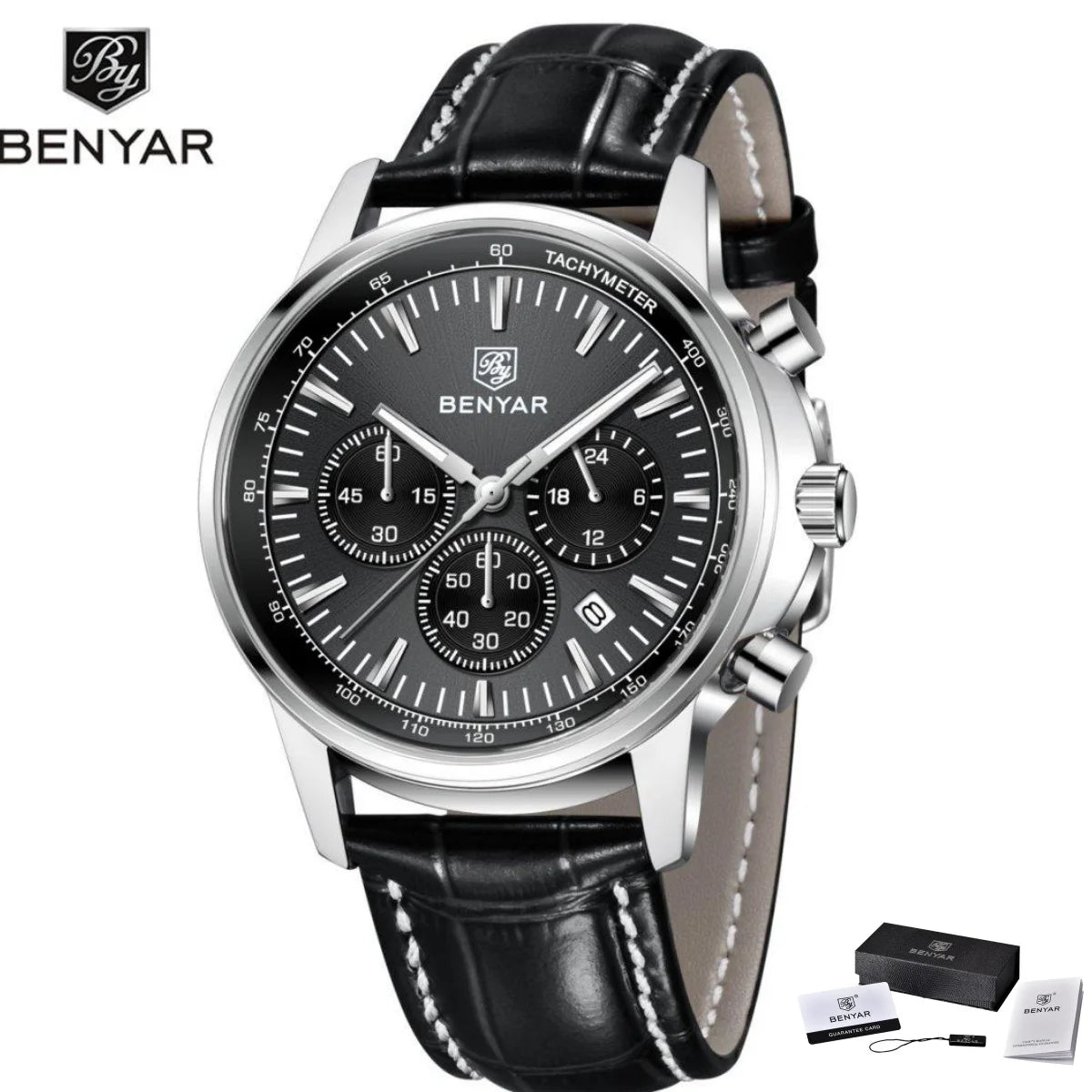 Relógio de luxo para homem Benyar – Cronógrafo com data, bracelete em pele, estanque, luminescente, estilo desportivo e militar, relógio de quartzo