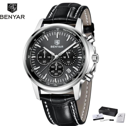 Relógio de luxo para homem Benyar – Cronógrafo com data, bracelete em pele, estanque, luminescente, estilo desportivo e militar, relógio de quartzo