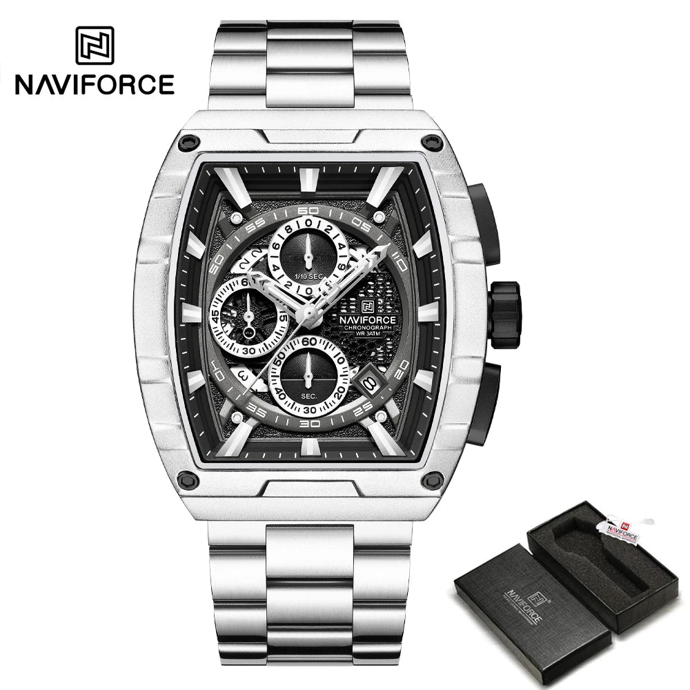 NAVIFORCE Luxury Chronograph Quartz Watch for Men Fashion Tonneau Stainless Steel Man Watches Waterproof Luminous WristWatch