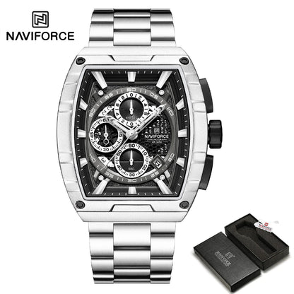 NAVIFORCE Luxury Chronograph Quartz Watch for Men Fashion Tonneau Stainless Steel Man Watches Waterproof Luminous WristWatch