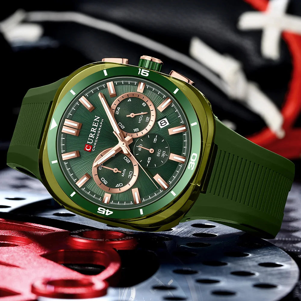 Relógio de homem CURREN – Novo modelo de luxo com movimento de quartzo, bracelete em silicone, estilo desportivo, multifunções, à prova de água, luminoso, com indicação da data e cronómetro.
