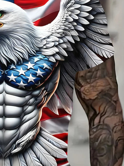 Vyriški patriotiniai marškinėliai su 3D erelio raštu, laisvalaikio, apvalia apykakle, trumpomis rankovėmis, vasarai, madingai aprangai ir lauko veikloms