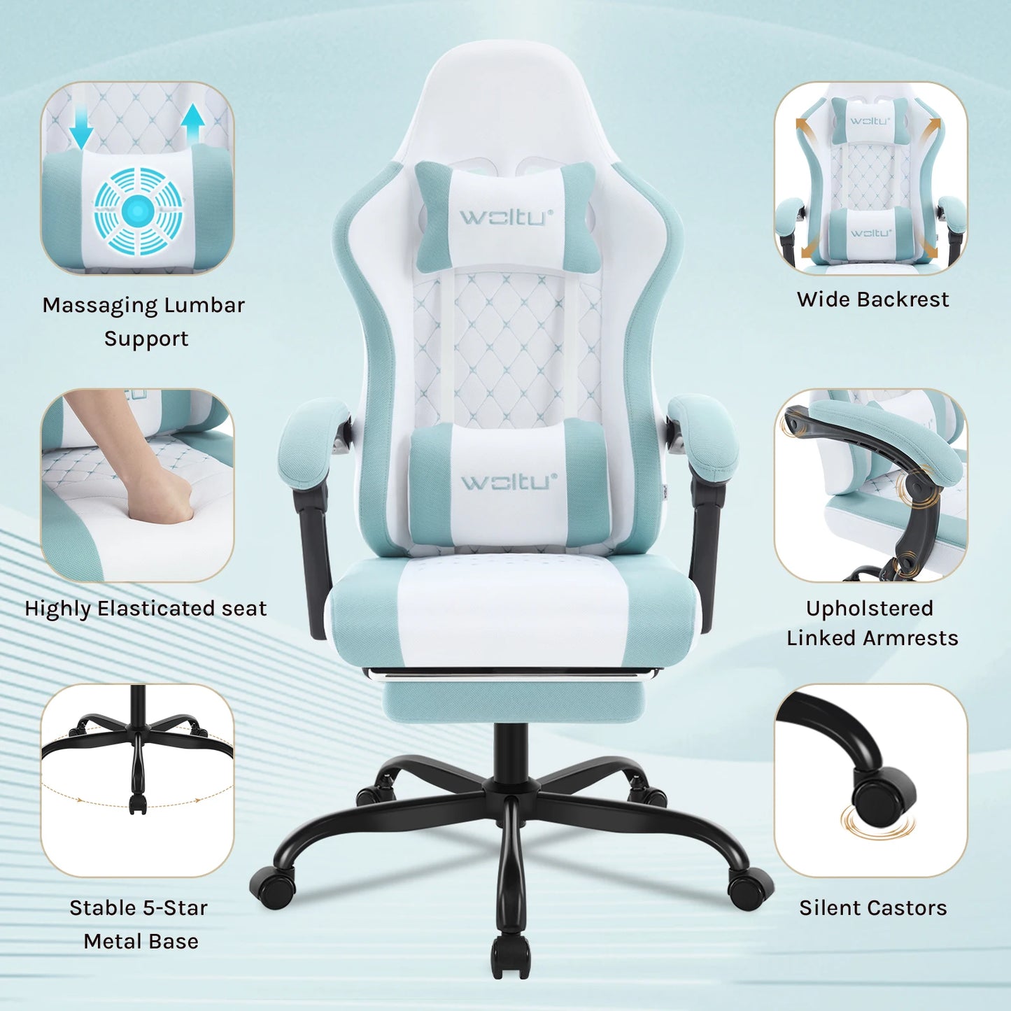 WOLTU sukamoji kompiuterio kėdė su masažo funkcija, ergonominė biuro kėdė su pagalvėle ir pakoju, reguliuojamo aukščio gaming kėdė