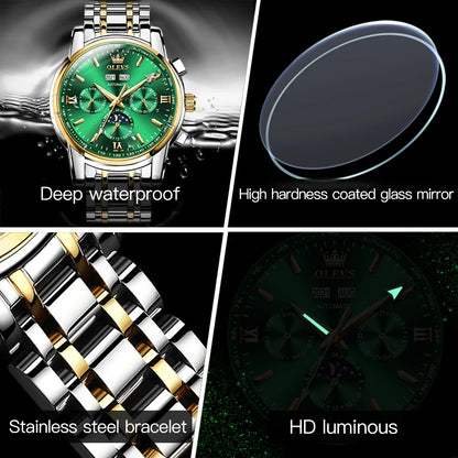 OLEVS 6633 Luxury Men's Watches Automatic Green Watch Men Stainless Steel Waterproof Business Sport Mechanical Wristwatch 6633