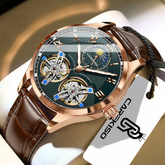 CAREKISO Fashion Men's Clock Double Hollow Tourbillon Automatic Mechanical Man Watch Waterproof Luminous Leather Men's Watches+Box