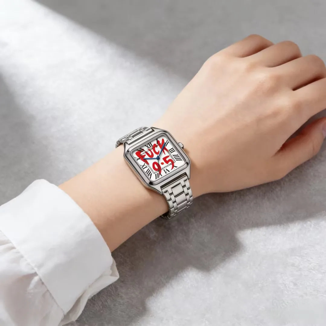 FUCK9.5 Stainless Steel Alloy Square Dial Simple Elegant Ins Style Light Luxury High-end Unisex Square Waterproof Quartz Watch
