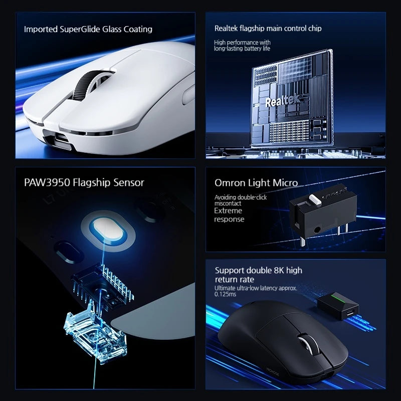 MCHOSE L7 Ultra+ średnio-duża mysz gamingowa do e-sportu z sensorem Paw3950, bezprzewodowa, trzy tryby, lekka mysz biurowa Dual-Drive do komputera