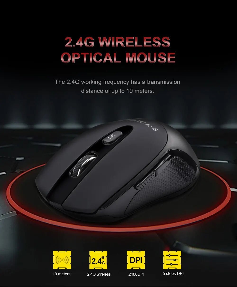 E-YOOSO E-1020 USB 2.4G trådlös gamingmus, tyst ljudlös kontorsmus, 2400 DPI optisk spelmus, ergonomisk för laptop, PC och dator