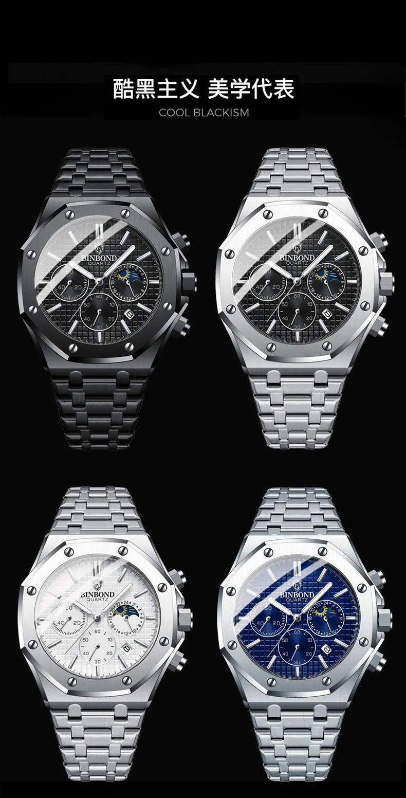 BINBOND 0161 Brand Man Quartz Watch Luxury Luminous Chronograph Wristwatch Stainless Steel Waterproof Men Date Calendar Clock