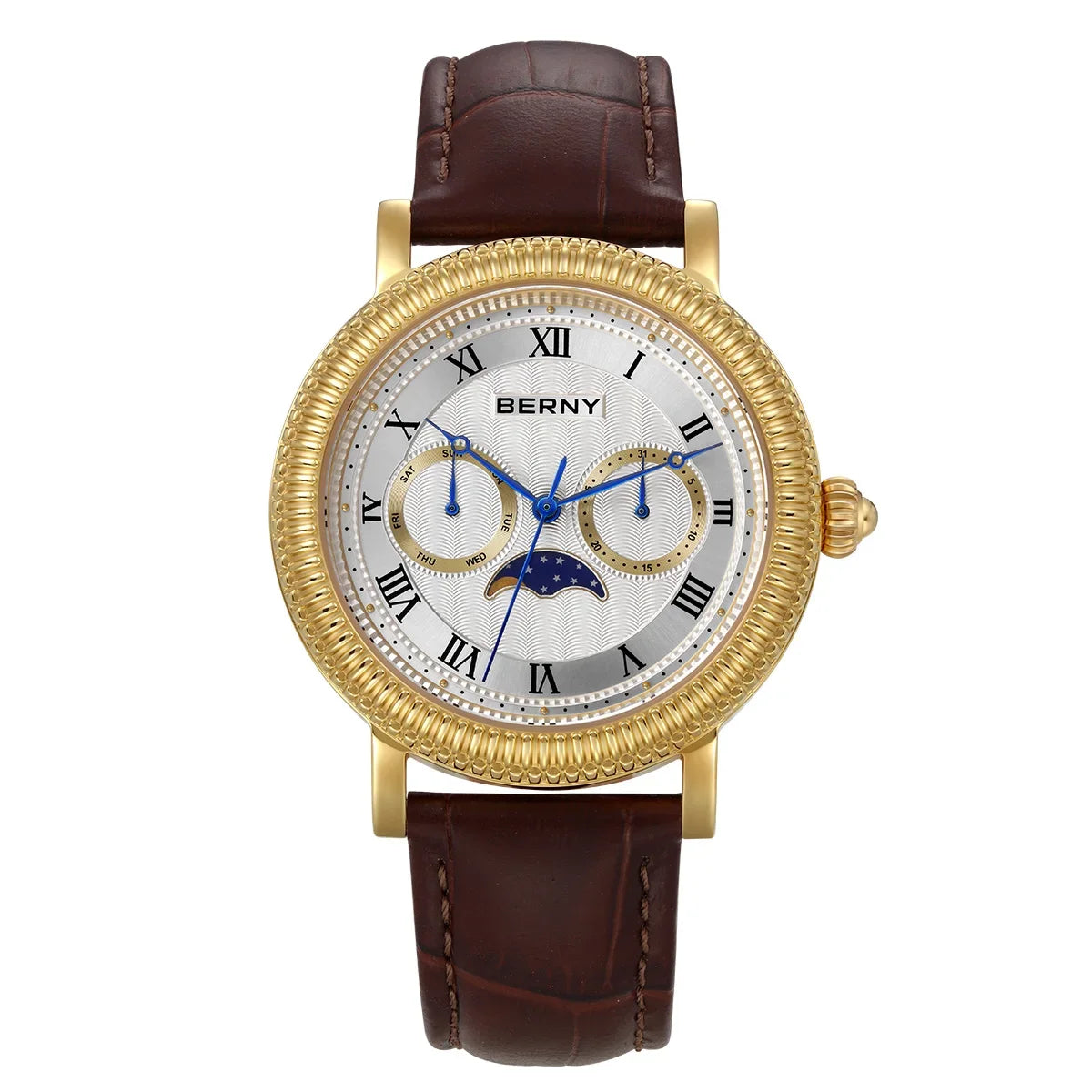 BERNY Watches for Men Luxury Dress Brand Business Gold Quartz Real Moons Man Watch S/S Sapphire Calendar Moon Phase Wristwatch