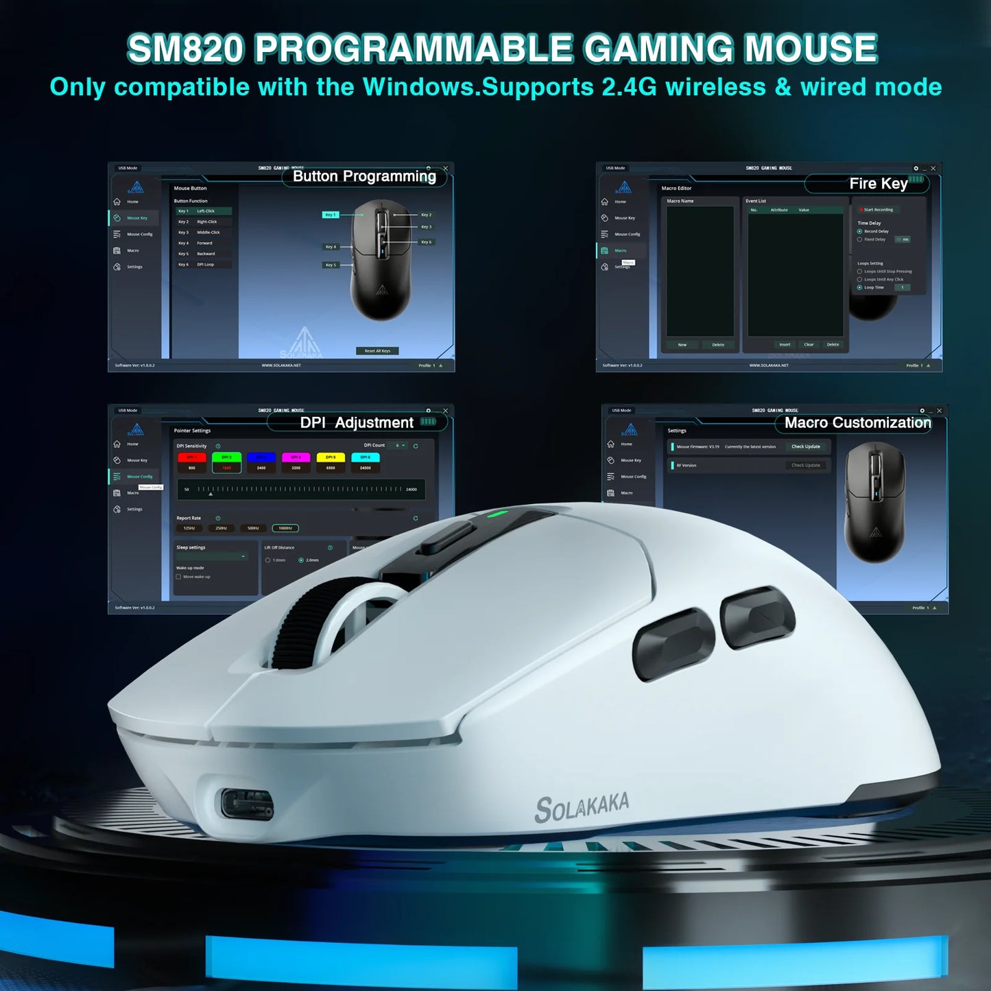 Bezdrátová herní myš SOLAKAKA SM820 Tri-mode s magnetickou dobíjecí stanicí, RGB, PAW3311, 24000DPI, bezdrátová makro myš, ultralehká