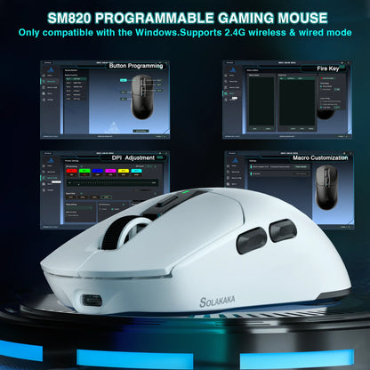 Bezdrátová herní myš SOLAKAKA SM820 Tri-mode s magnetickou dobíjecí stanicí, RGB, PAW3311, 24000DPI, bezdrátová makro myš, ultralehká