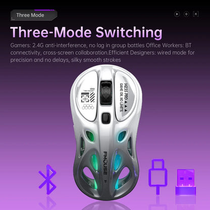 Bezprzewodowa mysz gamingowa 2.4G Tri-Mode RGB, lekka konstrukcja hollow z podświetleniem Chroma, przewodowa/Bluetooth, kontroler myszy e-sportowej