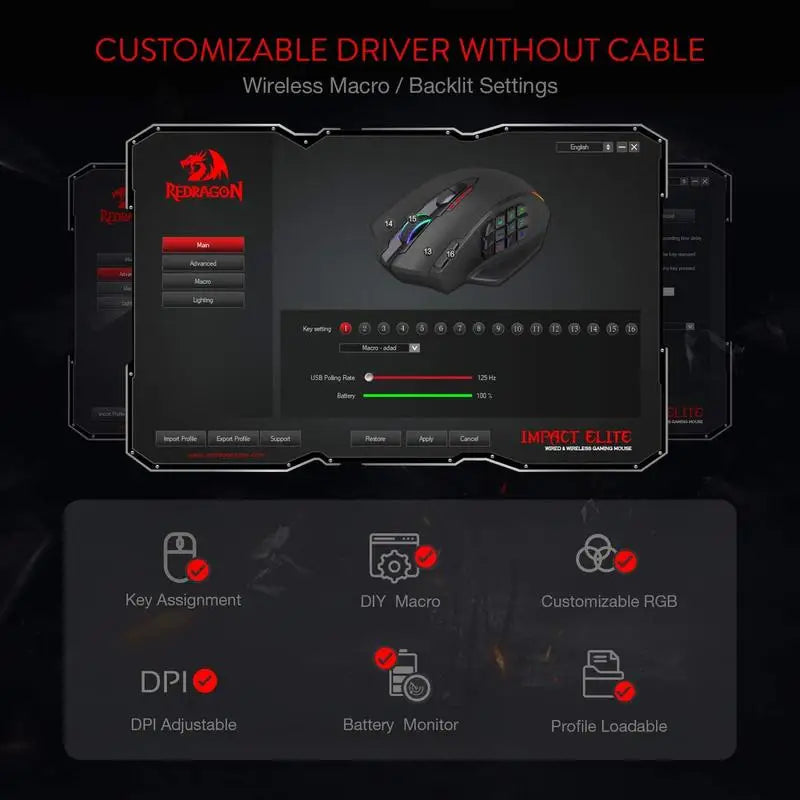Redragon M913 gamer egér, 16000 DPI, vezetékes / 2.4Ghz vezeték nélküli, RGB optikai, 16 programozható gomb, fekete/fehér