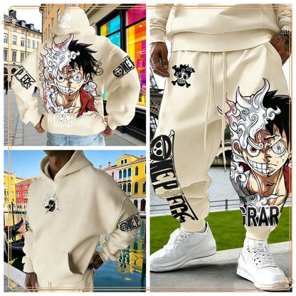 One Piece Luffy Gear 5 Hoodie Pants Set Red Cotton Tracksuit with Character Print on Hoodie Front Pant Side Loose Fit Two Piece