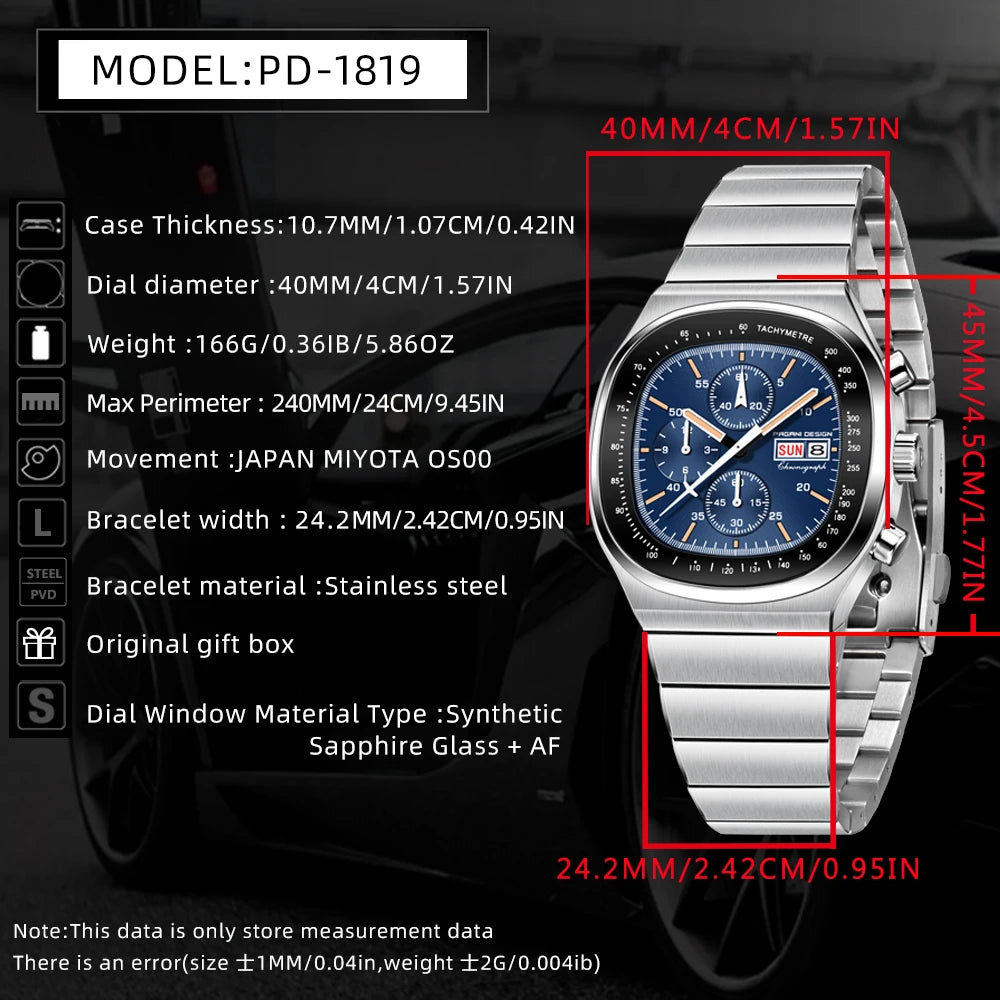 PAGANI DESIGN New PD1819 Men‘s Quartz Watches 40mm Sapphire Stainless Steel Waterproof Luminous C3 Chronograph reloj hombre