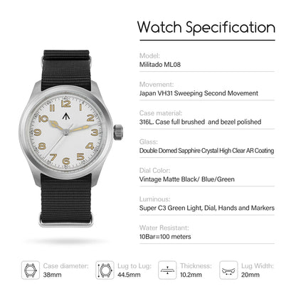 Militado ML08 Quartz Watch VH31 Movement Double Domed Sapphire Crystal Wristwatch Super C3 Green Luminous 38mm Vintage Watches