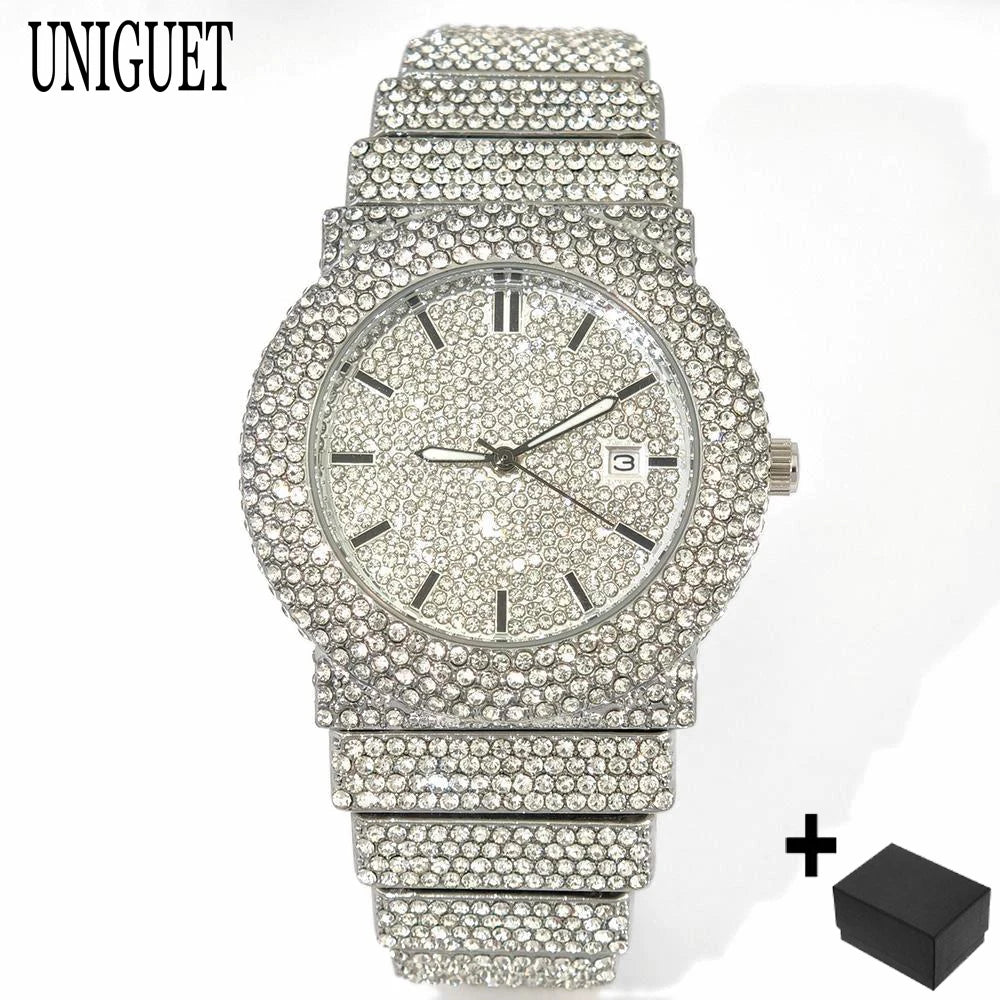 2025 UNIGUET Men's Fashion Iced Watches Luxury Hip Hop Full Diamond Jewelry Quartz Waterproof Business Wrist Watch for Men New