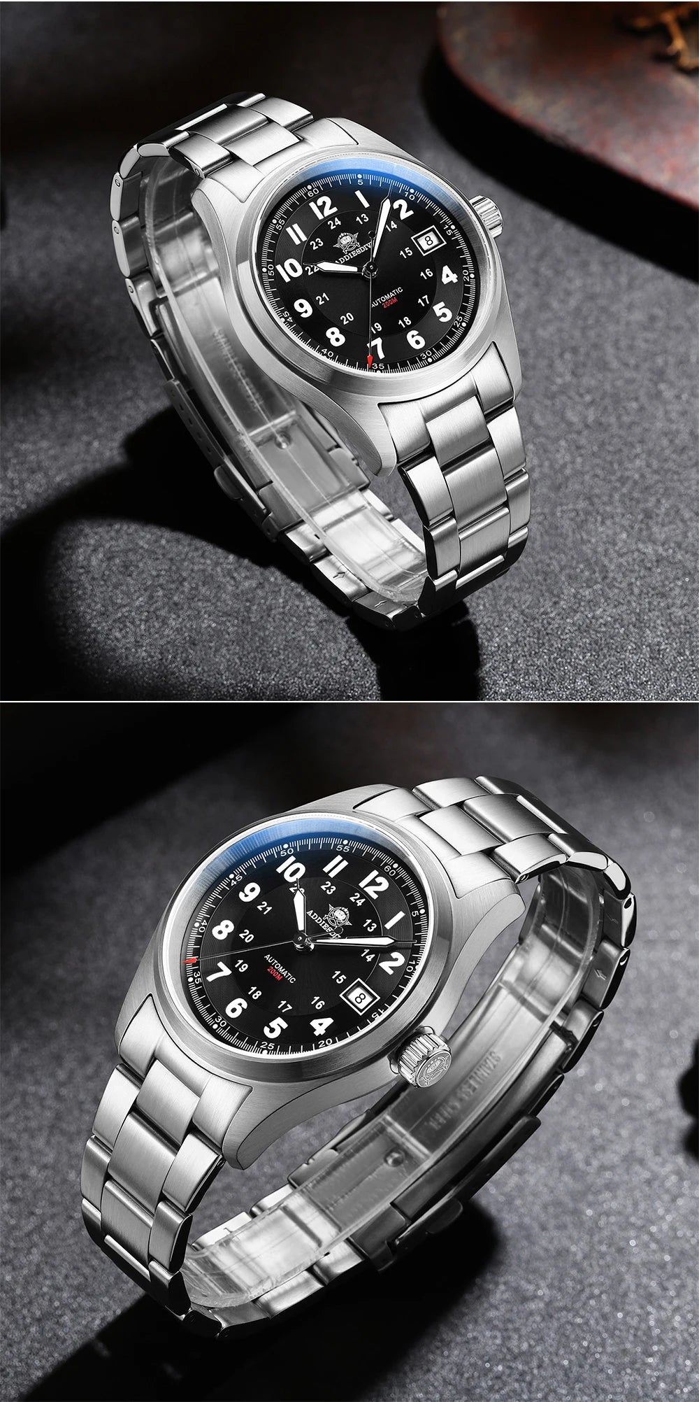 ADDIESDIVE Men's Retro Mechanical Watch Sapphire Mirror Glass Stainless Steel Watch BGW9 Luminous 200m Waterproof Analog Watch