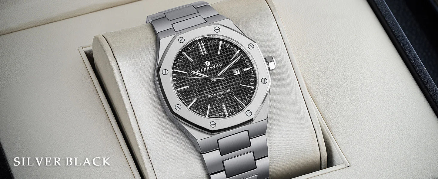SAPPHERO Men’s Analog Watch Stainless Steel Japan Quartz Movement Date Display 50m Waterproof Classic Business Casual Wristwatch
