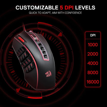 Herní myš Redragon M990 MMO, 32000 DPI, vysoce přesná kabelová RGB myš pro hráče s 23 programovatelnými tlačítky, 16 bočních makro klávesami