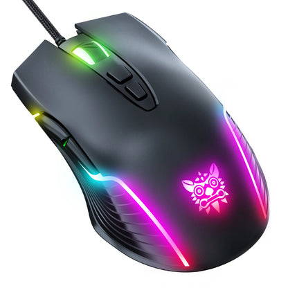 ONIKUMA langallinen pelihiiri, 6 säädettävää tasoa, 6400 DPI, 7 ohjelmoitavaa painiketta, 7 RGB-valaistustilaa, ergonominen hiiri PC-pelaajalle