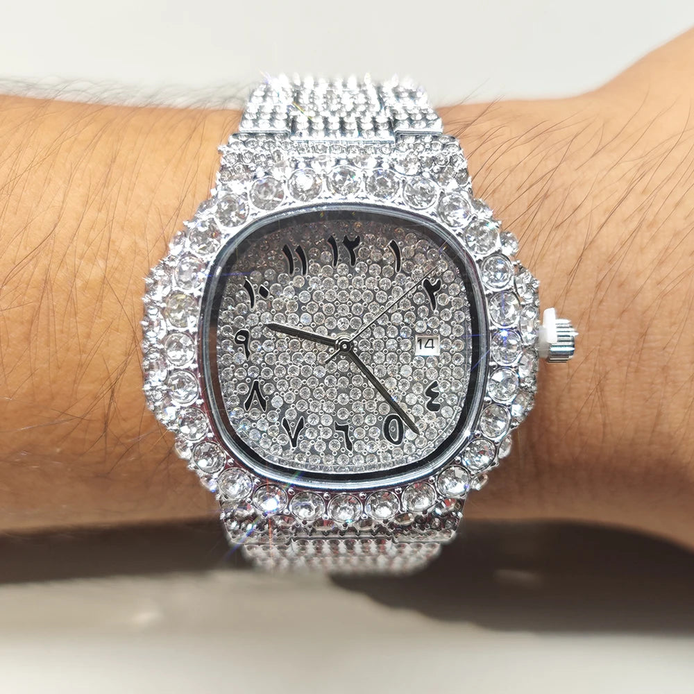 Luxury Brand Men Quartz Watch Fashion Square Hip Hop Diamond Out Sparkling Jewelry Waterproof Stainless Steel Wristwatch Man New