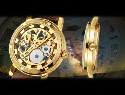 T-Winner Popular Lovers Skeleton Design Gold Watches Mechanical Hand Wind Movement PU Leather Strap Wristwatch for Men Women