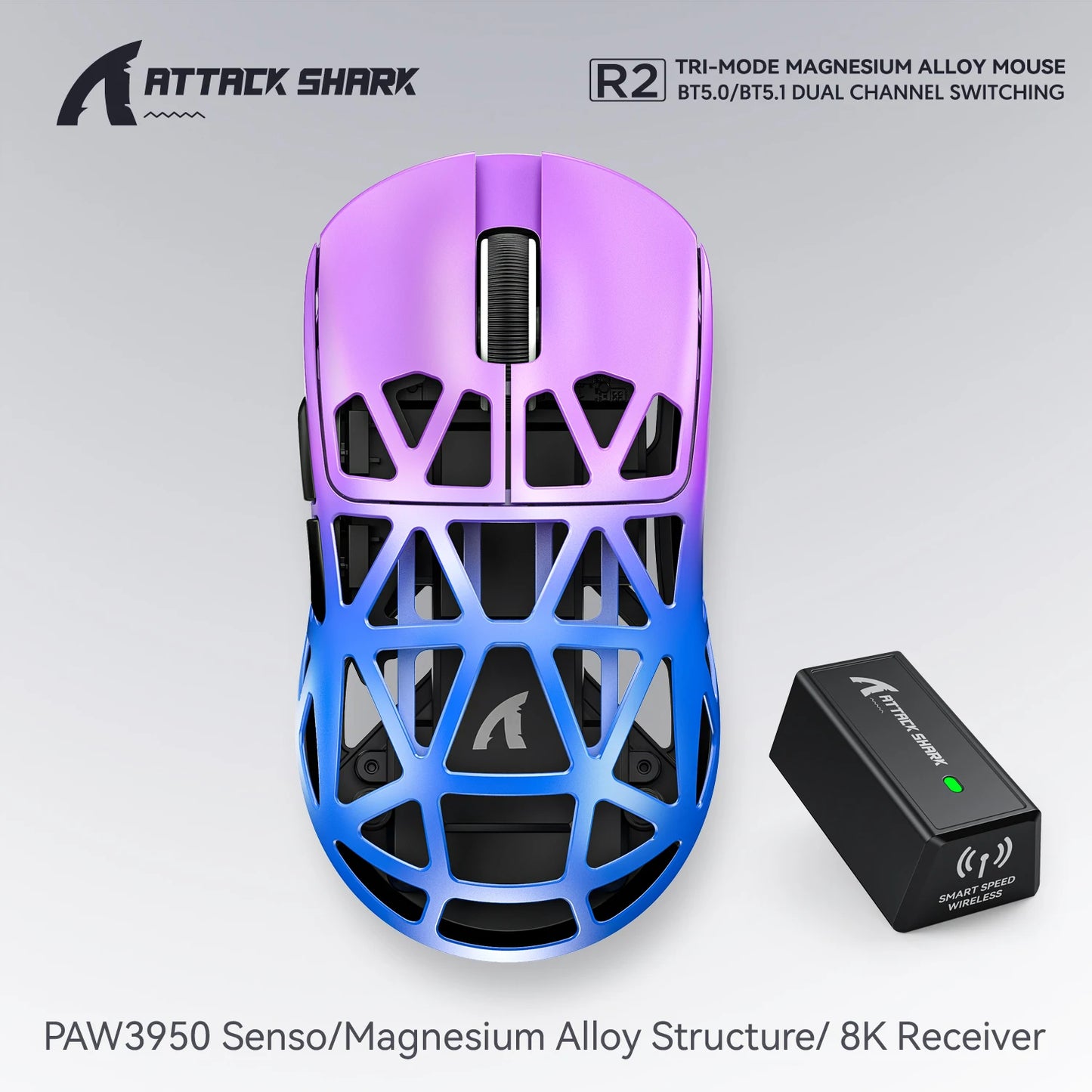 Attack Shark R2 vezeték nélküli gamer egér PAW3950 8K, könnyű magnéziumötvözet gamer egér, Bluetooth tri-mode kapcsolattal játékhoz/irodai használatra