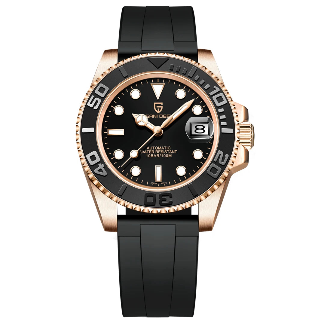 PAGANI DESIGN Automatic Watch Rose Gold Diver Watch 100M Waterproof Luxury Sport Wristwatch Black Rubber Strap Relogio Masculino