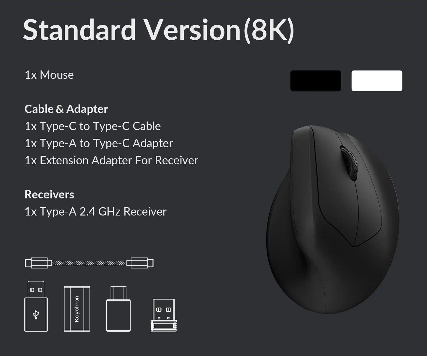 Keychron M5 trådløs ergonomisk optisk mus, 8K polling rate, 2.4GHz og Bluetooth, Type-C, 3950-sensor