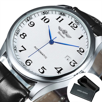 Relógio clássico para homem – Estilo retro com calendário e ponteiros azuis, movimento mecânico automático, marca de prestígio, caixa em aço e bracelete em pele