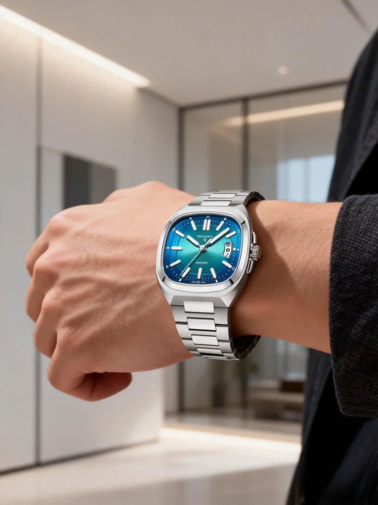 Shanghai Watch Automatic Mechanical Square Dial Men's Watch Luminous Water-Resistant to 50m Date Display Casual Wristwatch SH018