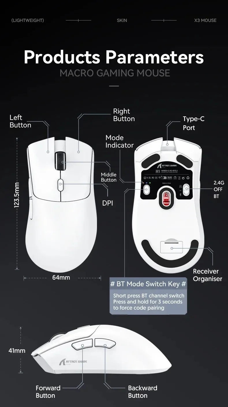 Ултралека мишка ATTACK SHARK R1 59g с PAW3311, 18000DPI, 400IPS, 40G, 1000Hz, три режима, основен чип Broadcom BK3633, 20 милиона кликвания