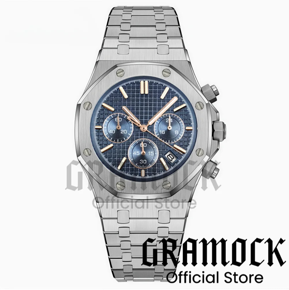 Gramock VK63 Fashionable Men's Quartz Chronograph Luxury Sapphire Stainless Steel Rose Gold Index Dial Waterproof 5Bar Luminous