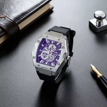 New Fashion Luxury Man Tonneau Hollow Skeleton Faux Mechanical Watch Men Militray Sports Silicone Quartz Watches Reloj Hombre