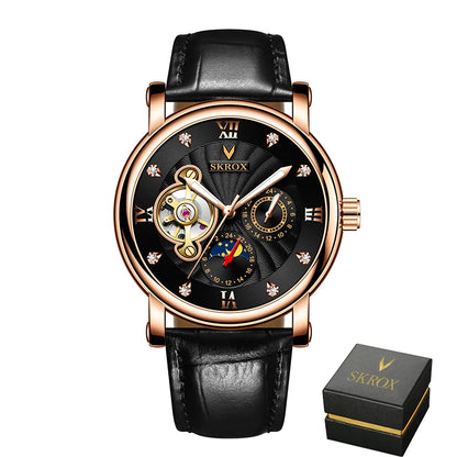 Relógio mecânico automático de luxo para homem, de uma grande marca, equipado com um turbilhão, uma fase lunar e diamantes – um elegante relógio de pulso.