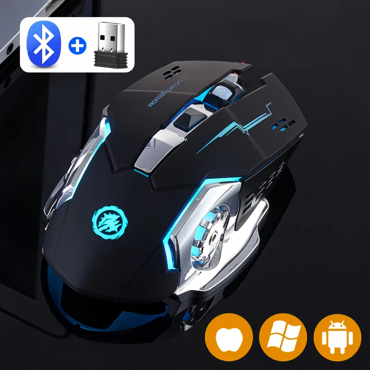 Bezprzewodowa mysz gamingowa z akumulatorem – cicha Bluetooth/USB, podświetlenie RGB, e-sportowa do PC