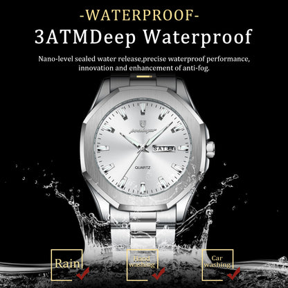 POEDAGAR Luxury Men Wristwatch Waterproof Luminous Week Date Casual Man Clock Stainless Steel Quartz Fashion Men's Watches Reloj