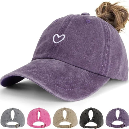 1pc Retro Washed Little Heart Embroidered Ponytail Baseball Cap  for Women,Outdoor Sports Adjustable Women's Cap for Daily Wear