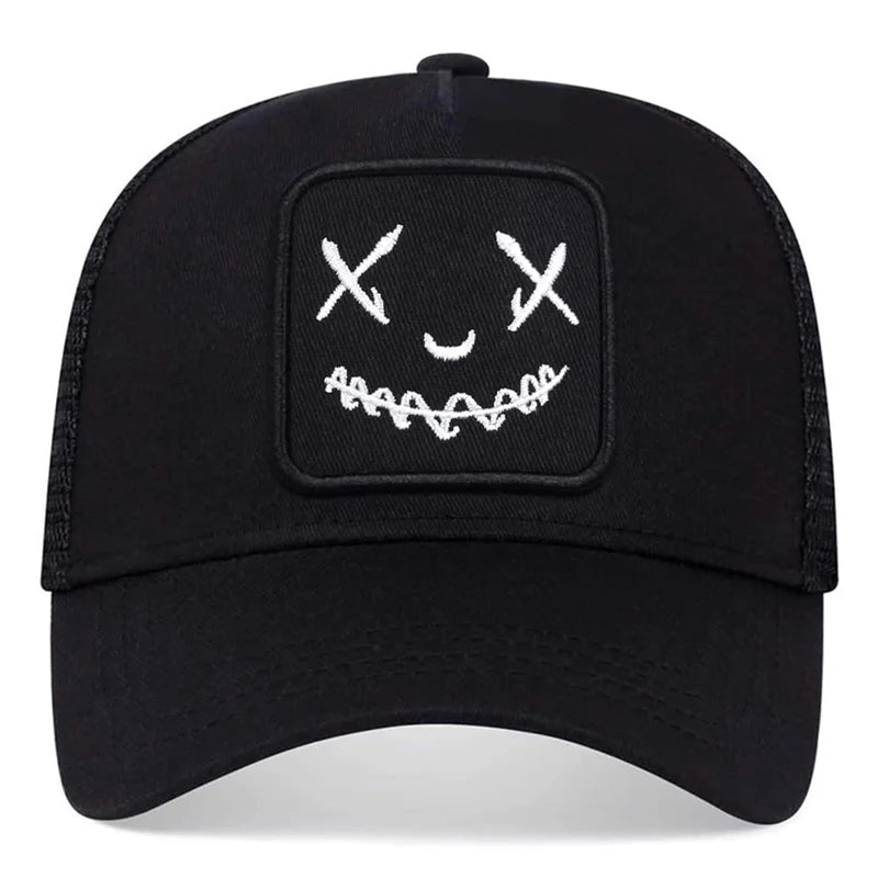 Uomo Donna Cappellini da baseball con ricamo a forma di faccina sorridente in cotone, regolabili con chiusura a scatto, cappellini Hip Hop in rete, cappellini estivi da esterno, cappellini da sole, cappellini da papà