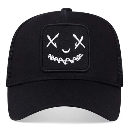 Uomo Donna Cappellini da baseball con ricamo a forma di faccina sorridente in cotone, regolabili con chiusura a scatto, cappellini Hip Hop in rete, cappellini estivi da esterno, cappellini da sole, cappellini da papà