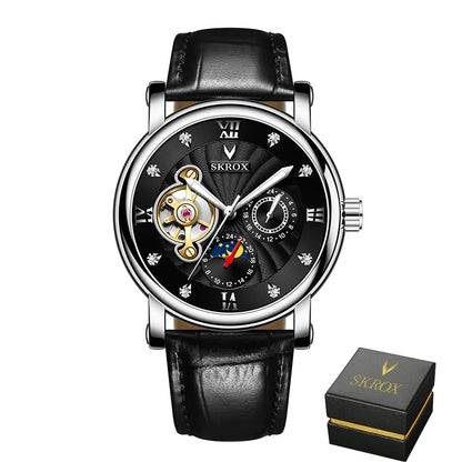 Relógio mecânico automático de luxo para homem, de uma grande marca, equipado com um turbilhão, uma fase lunar e diamantes – um elegante relógio de pulso.