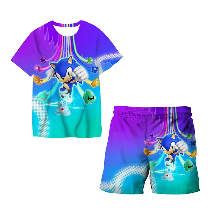 2026 Sonic The Hedgehog 3D T-shirt Set for Boys and Girls: Cute Summer Top + Shorts - Children's Short-Sleeve Birthday Gift