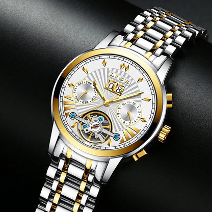 Montres-bracelets mécaniques automatiques pour hommes LIGE – Montre de luxe haut de gamme avec tourbillon, modèle élégant et étanche, idéal pour le travail ou les occasions formelles.