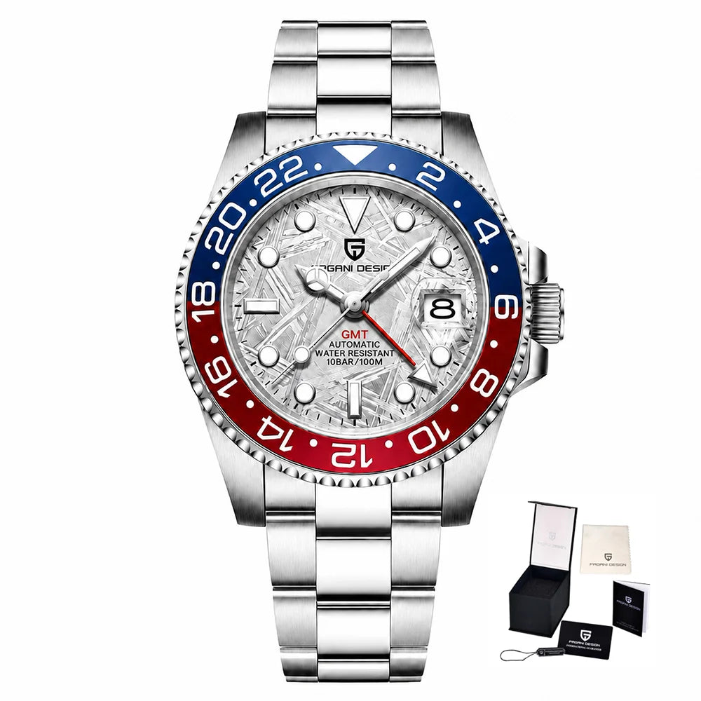 Relógio mecânico para homem Pagani Design GMT – Modelo de luxo com vidro de safira, caixa em aço inoxidável e luneta em cerâmica – Relógio automático para homem, estilo profissional